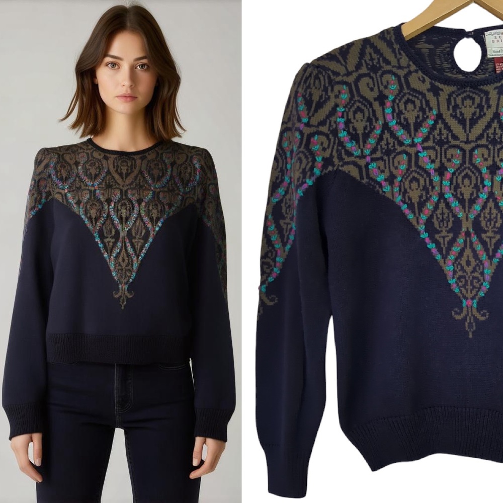 Susan Bristol Vintage 1989 Blue Wool Embroidered Sweater